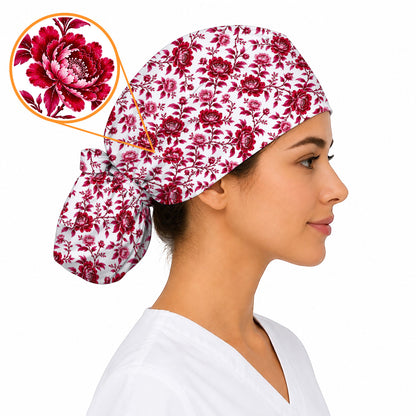 Peony Floral Scrub Caps for Women, Elegant Peony Nurse Scrub Cap, Floral Nursing Headwear For Healthcare Workers
