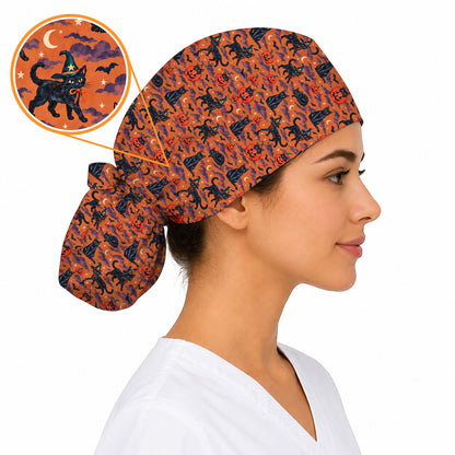 Black Cat Halloween Scrub Caps, Witchy Pumpkin Nurse Headwear, Spooky Season Healthcare Cap