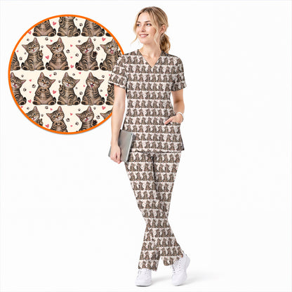Cute Tabby Cat Pattern Scrub Top, Heart Paw Cat Nurse Scrubs, Breathable Fabrics Nursing Uniform
