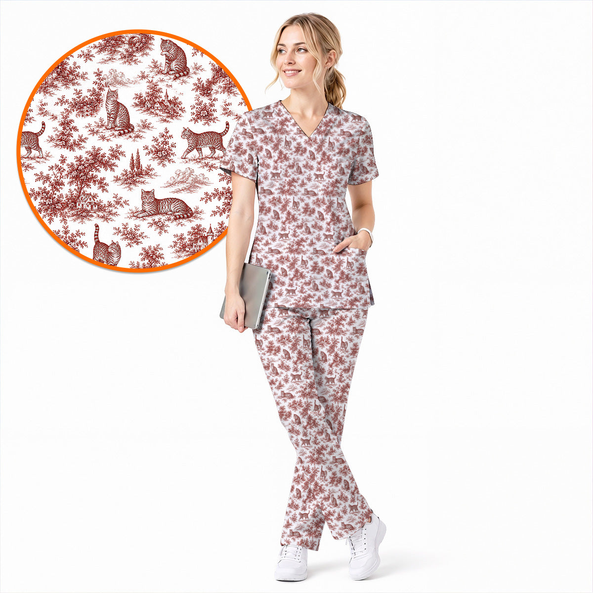 Toile de Jouy Cat Scrub Top, Crazy Cats Pattern Nursing Uniform for Cat Lovers, Vintage Feline Medical Scrubs