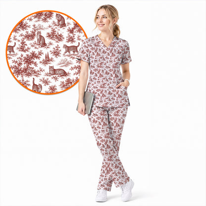 Toile de Jouy Cat Scrub Top, Crazy Cats Pattern Nursing Uniform for Cat Lovers, Vintage Feline Medical Scrubs