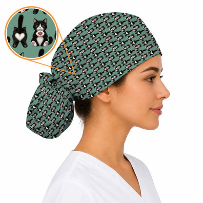 Funny Tuxedo Cat Pattern Scrub Caps, Cute Cat Nurse Scrubs, Breathable Fabrics Nursing Cap