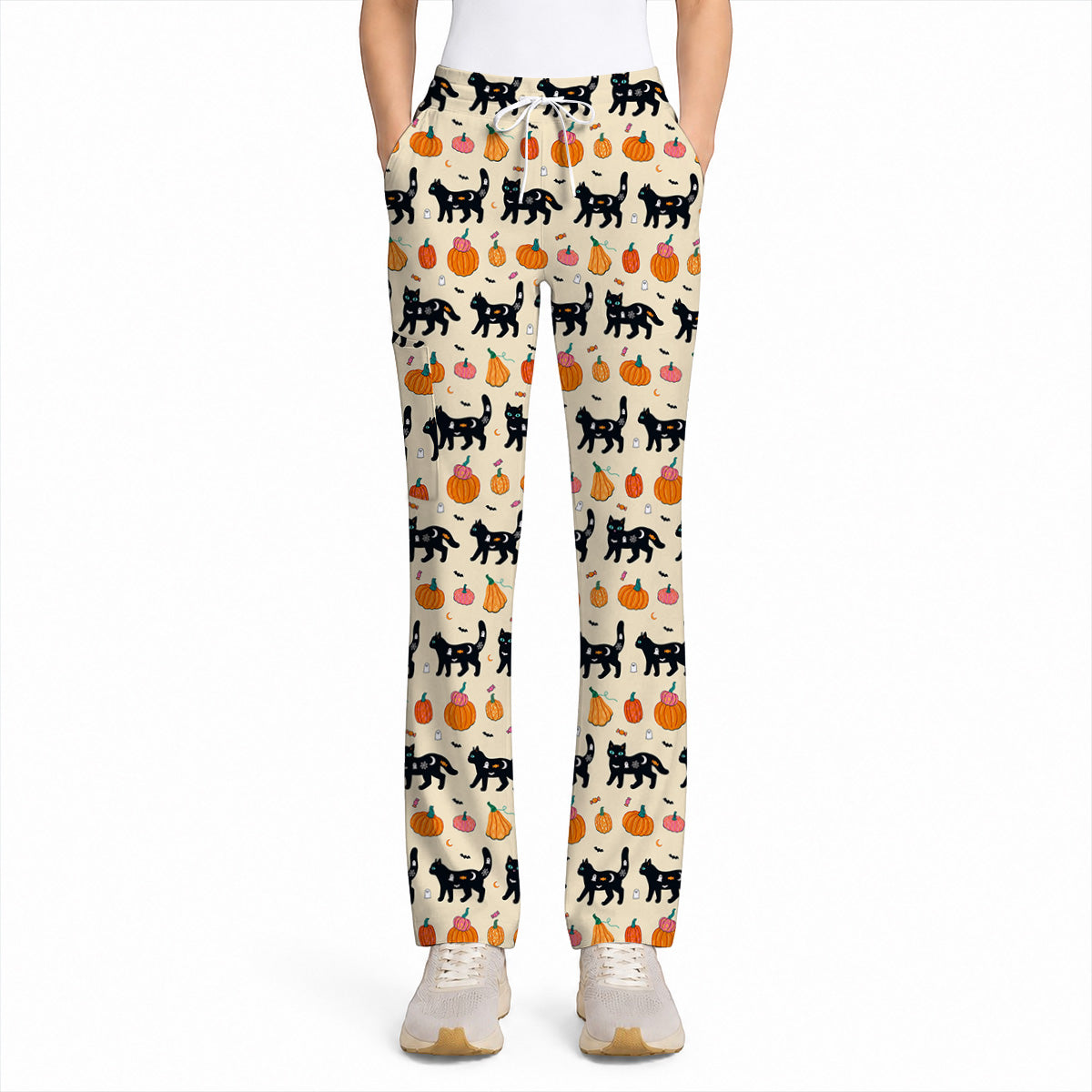 Halloween Black Cat Scrub Top, Pumpkin Cat Print Scrubs, Spooky Nurse Uniform