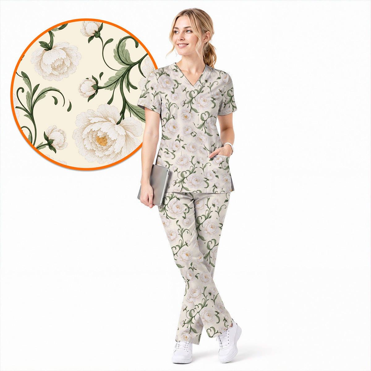 Peony Floral Pattern Scrub Top, Crazy Pink Peony Nurse Scrubs, Breathable Fabrics Nursing Uniform
