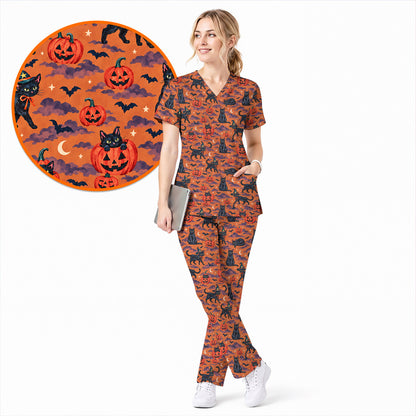 Black Cat Halloween Scrub Top, Witchy Pumpkin Nurse Scrubs, Spooky Season Healthcare Uniform