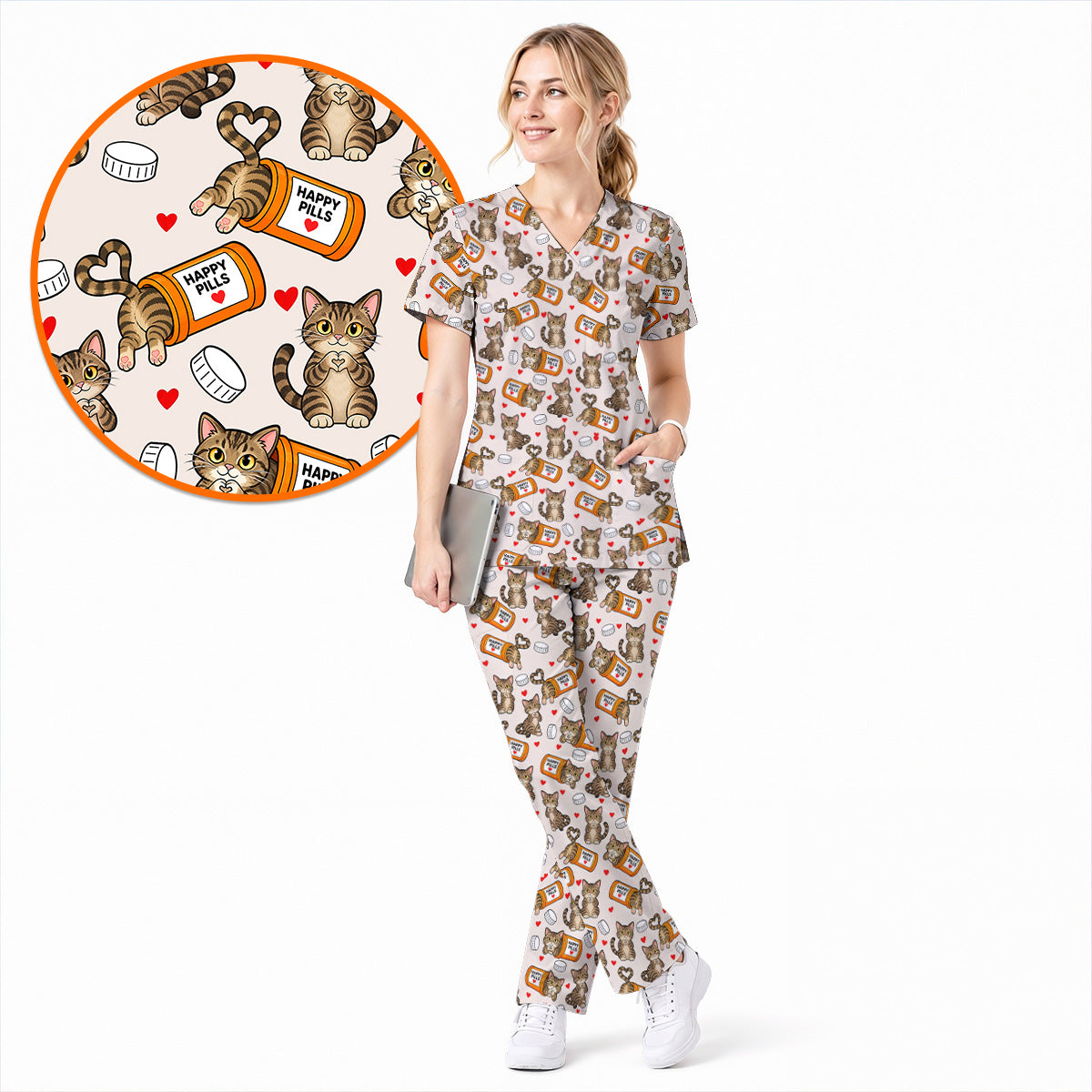 Tabby Cat Nurse Scrub Top, Happy Pills Medical Scrubs, Cute Cat Lover Healthcare Uniform