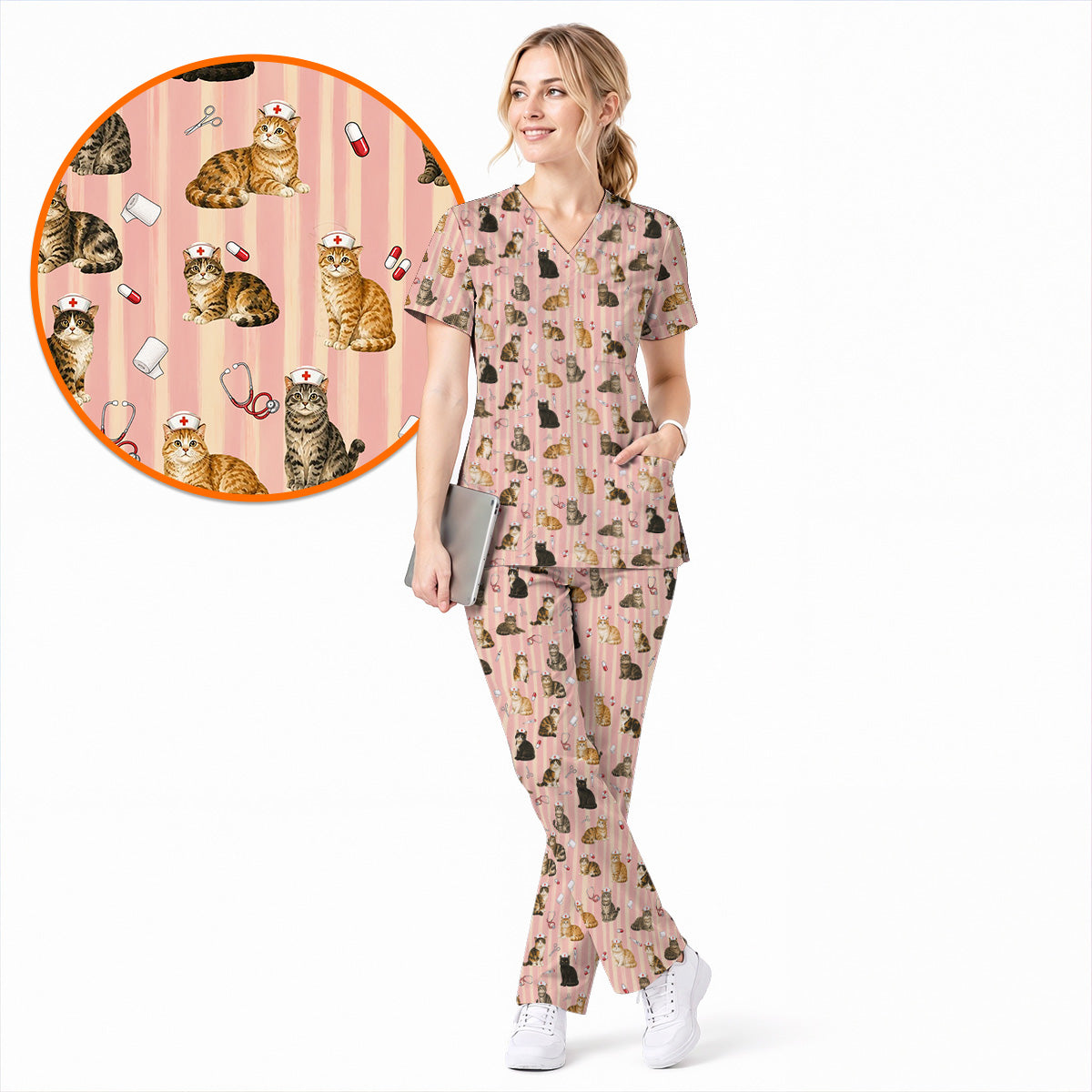 Nurse Cat Scrub Top, Cat Lover Medical Nurse Uniform for Veterinary & Healthcare Workers, Comfortable Feline Nursing Scrubs