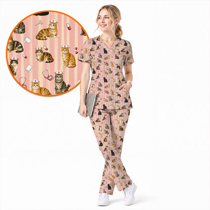 Nurse Cat Scrub Top, Cat Lover Medical Nurse Uniform for Veterinary & Healthcare Workers, Comfortable Feline Nursing Scrubs