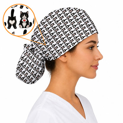 Funny Tuxedo Cat Pattern Scrub Caps, Cute Cat Nurse Scrubs, Breathable Fabrics Nursing Cap