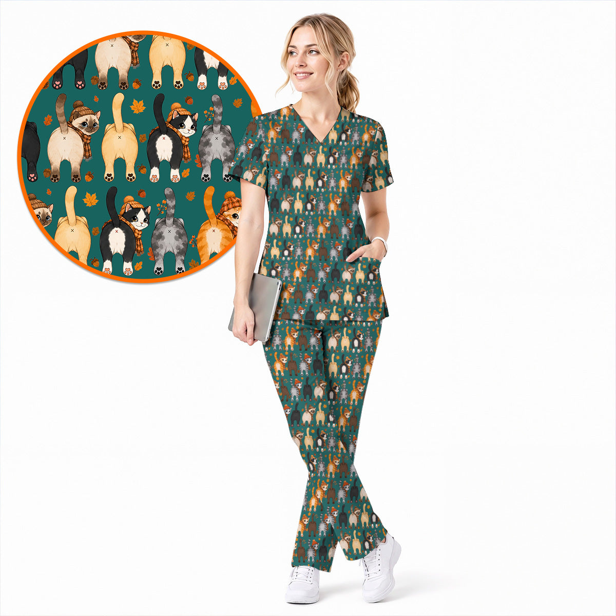 Funny Autumn Cat Scrub Top, Cozy Fall Cat Scrubs Nurse for Cat Lovers, Breathable Fabrics Nursing Uniform