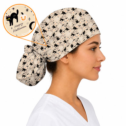 Black Cat Halloween Scrub Caps, Cute Pumpkin Nurse Headwear, Spooky Season Medical Cap