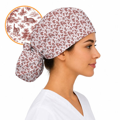 Toile de Jouy Cat Scrub Cap, Crazy Cats Pattern Nursing Caps for Cat Lovers, Vintage Feline Medical Scrubs