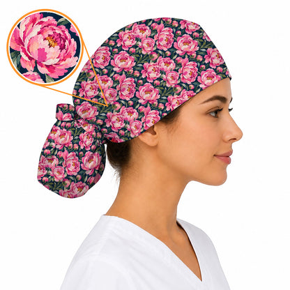 Peony Floral Scrub Caps for Women, Pink Peony Nurse Scrub Cap, Floral Nursing Headwear for Healthcare Workers