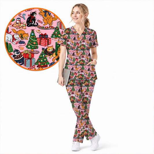Meowy Christmas Cat Scrub Top, Cute Festive Kittens & Christmas Gifts Pattern Nurse Uniform, Holiday Xmas Medical Scrubs For Nursing