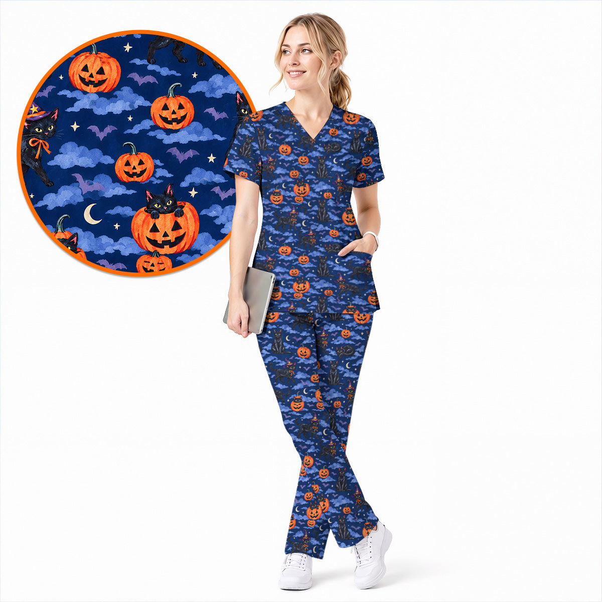 Black Cat Halloween Scrub Top, Witchy Pumpkin Nurse Scrubs, Spooky Season Healthcare Uniform