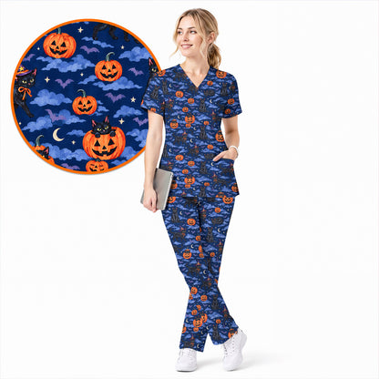 Black Cat Halloween Scrub Top, Witchy Pumpkin Nurse Scrubs, Spooky Season Healthcare Uniform