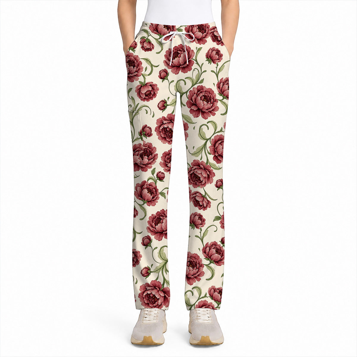 Peony Floral Pattern Scrub Top, Crazy Pink Peony Nurse Scrubs, Breathable Fabrics Nursing Uniform