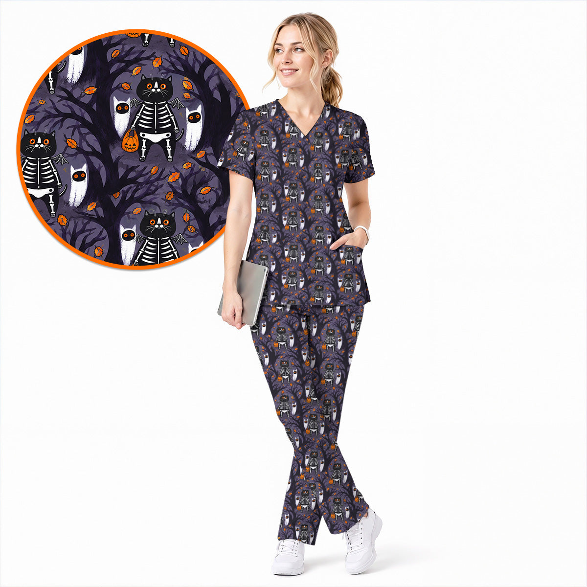 Skeleton Cat Halloween Scrub Top, Spooky Black Cat Nurse Scrubs, Halloween Medical Uniform