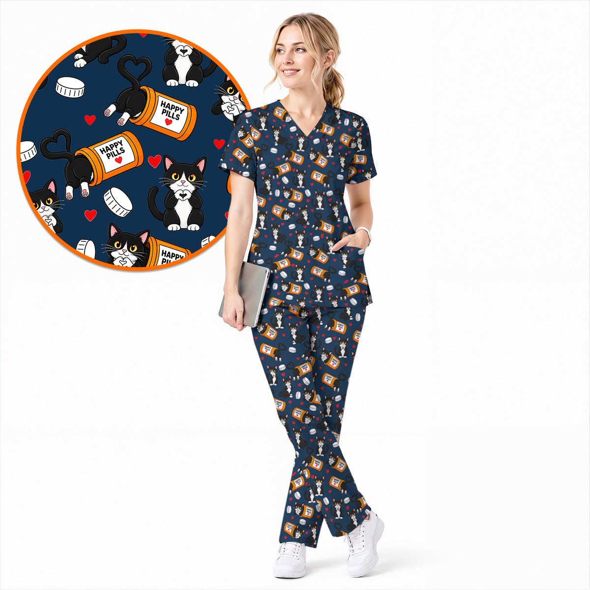 Cute Cat Nurse Scrub Top, Funny Happy Pills Medical Scrubs, Cat Lover Healthcare Uniform