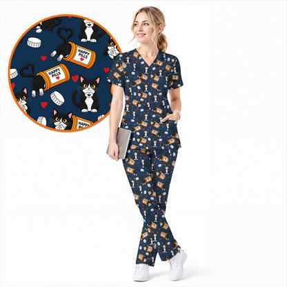 Cute Cat Nurse Scrub Top, Funny Happy Pills Medical Scrubs, Cat Lover Healthcare Uniform