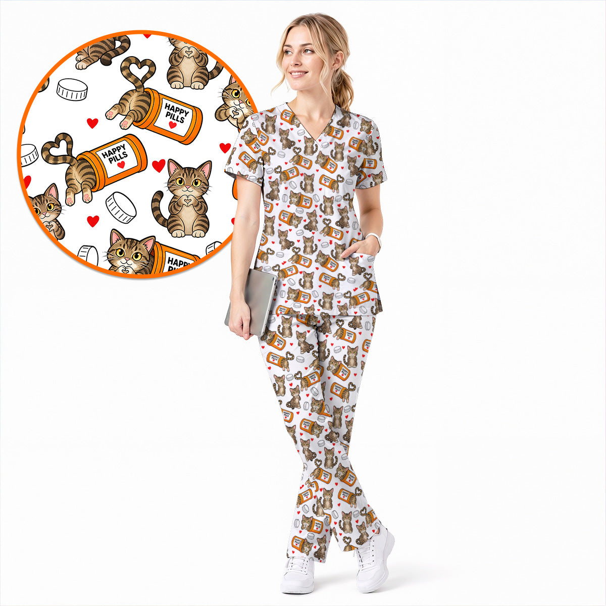 Tabby Cat Nurse Scrub Top, Happy Pills Medical Scrubs, Cute Cat Lover Healthcare Uniform