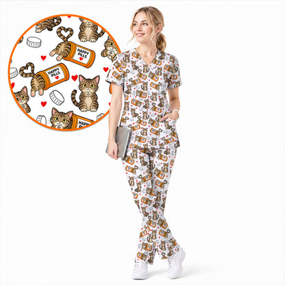 Tabby Cat Nurse Scrub Top, Happy Pills Medical Scrubs, Cute Cat Lover Healthcare Uniform