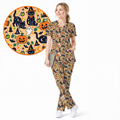 Black Cat Witch Halloween Scrub Top, Spooky Pumpkin Nurse Scrubs, Halloween Medical Uniform