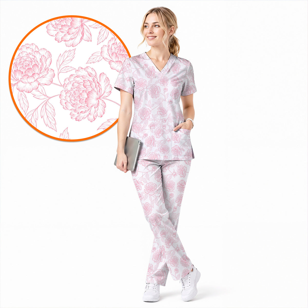 Peony Floral Pattern Scrub Top, Pink Peony Nurse Scrubs, Floral Nursing Uniform
