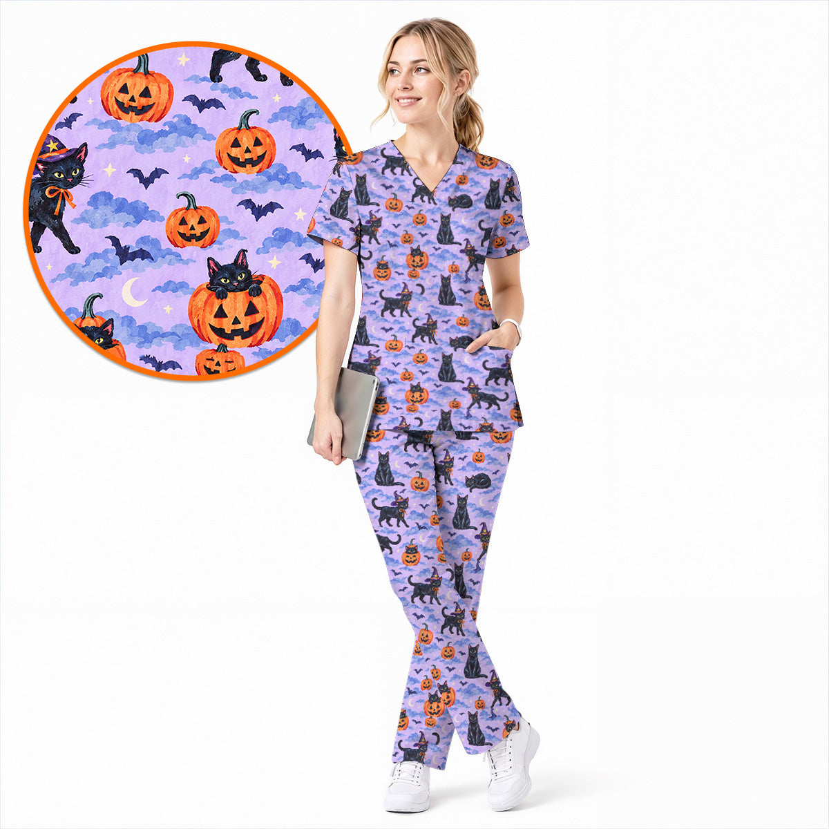 Black Cat Halloween Scrub Top, Witchy Pumpkin Nurse Scrubs, Spooky Season Healthcare Uniform