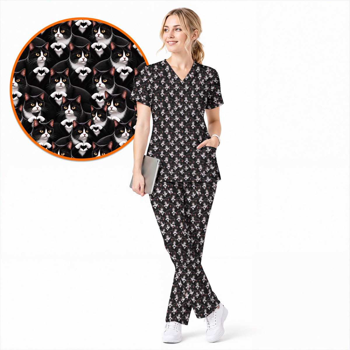 Tuxedo Cat Pattern Scrub Top, Black And White Cat Nurse Scrubs, Breathable Fabrics Nursing Uniform