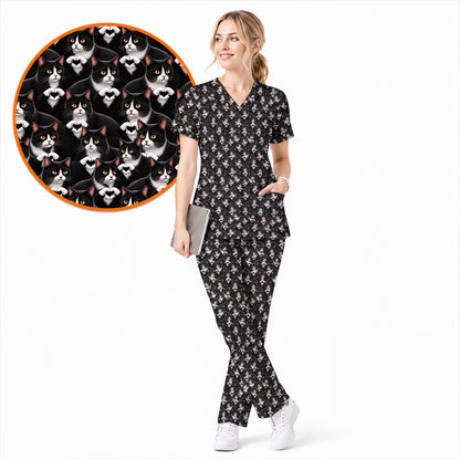 Tuxedo Cat Pattern Scrub Top, Black And White Cat Nurse Scrubs, Breathable Fabrics Nursing Uniform