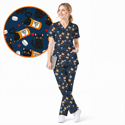 Black Cat Happy Pills Nurse Scrub Top, Funny Pharmacy Cat Scrubs for Nurses, Cute Medical Nursing Uniform Gift