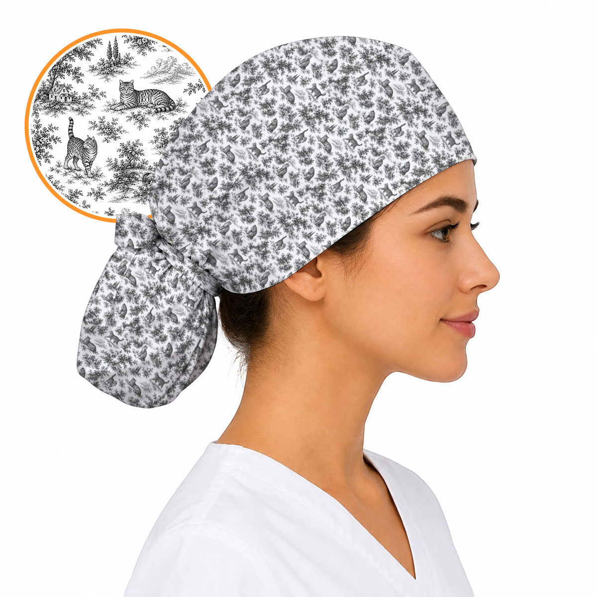 Toile de Jouy Cat Scrub Cap, Crazy Cats Pattern Nursing Caps for Cat Lovers, Vintage Feline Medical Scrubs