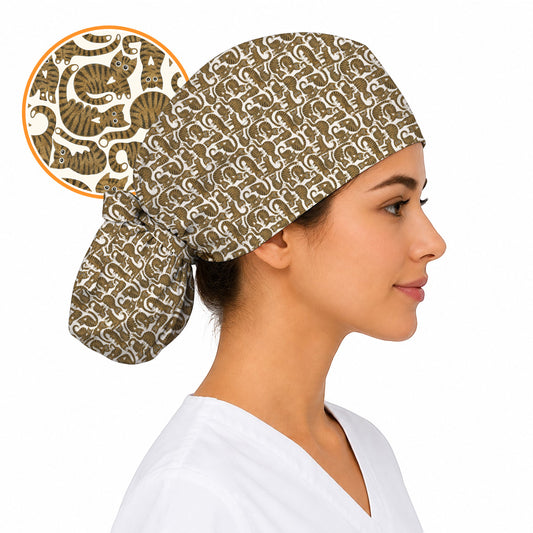 Cute Tabby Cat Pattern Scrub Caps, Brown Tabby Cat Nursing Cap for Cat Lovers, Comfortable Feline Scrubs for Nurses