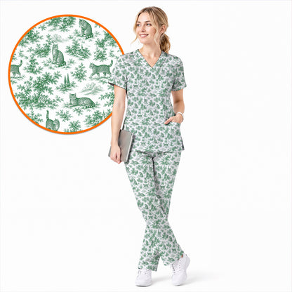 Toile de Jouy Cat Scrub Top, Crazy Cats Pattern Nursing Uniform for Cat Lovers, Vintage Feline Medical Scrubs