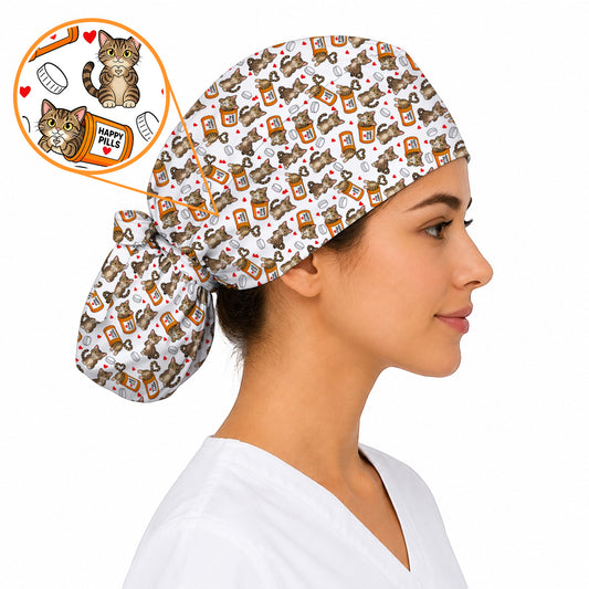 Tabby Cat Nurse Scrub Caps, Happy Pills Medical Headwear, Cute Cat Lover Healthcare Cap