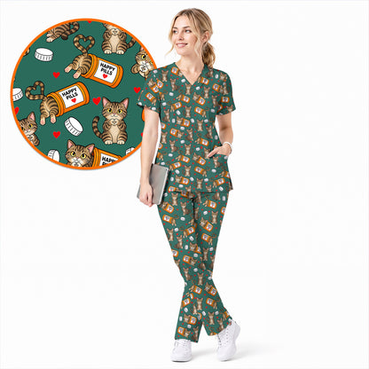 Tabby Cat Nurse Scrub Top, Happy Pills Medical Scrubs, Cute Cat Lover Healthcare Uniform