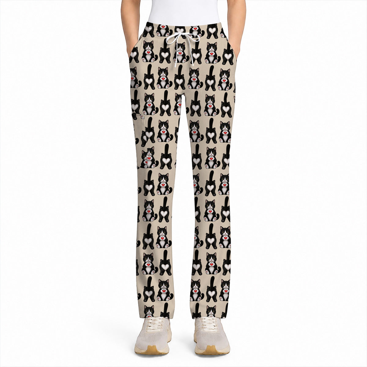 Funny Tuxedo Cat Pattern Scrub Top, Cute Cat Nurse Scrubs, Breathable Fabrics Nursing Uniform