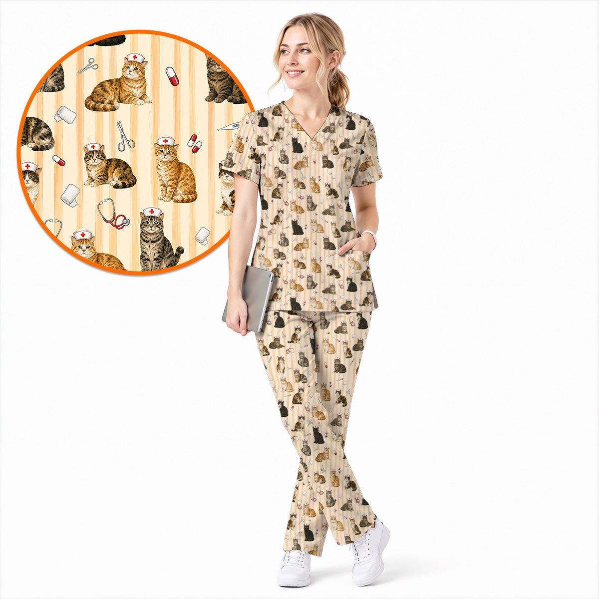 Nurse Cat Scrub Top, Cat Lover Medical Nurse Uniform for Veterinary & Healthcare Workers, Comfortable Feline Nursing Scrubs