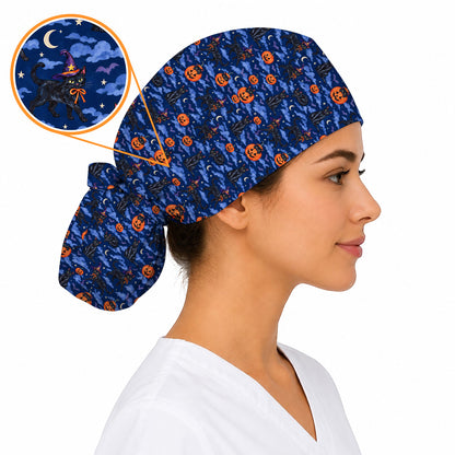 Black Cat Halloween Scrub Caps, Witchy Pumpkin Nurse Headwear, Spooky Season Healthcare Cap