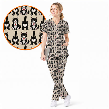 Funny Tuxedo Cat Pattern Scrub Top, Cute Cat Nurse Scrubs, Breathable Fabrics Nursing Uniform