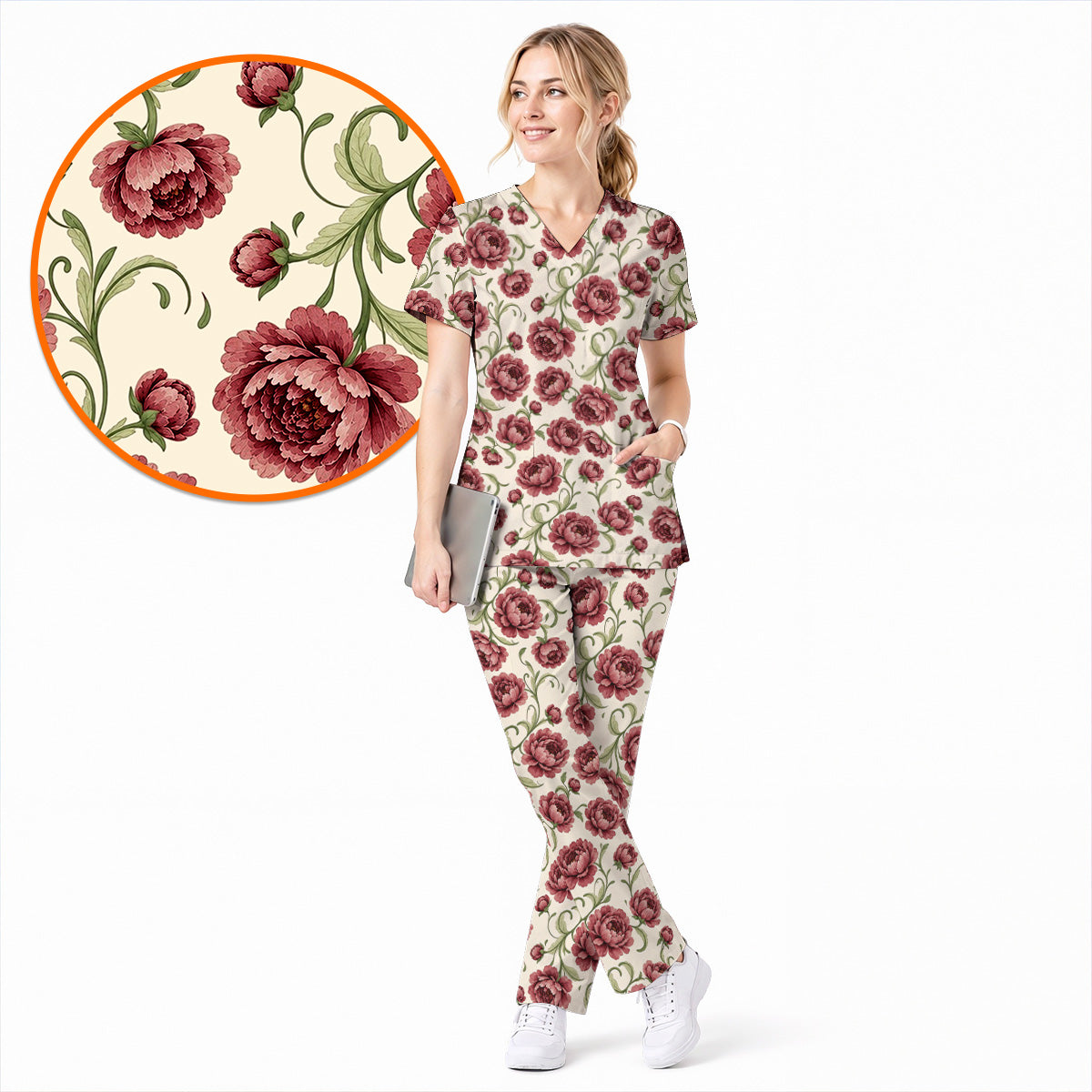 Peony Floral Pattern Scrub Top, Crazy Pink Peony Nurse Scrubs, Breathable Fabrics Nursing Uniform