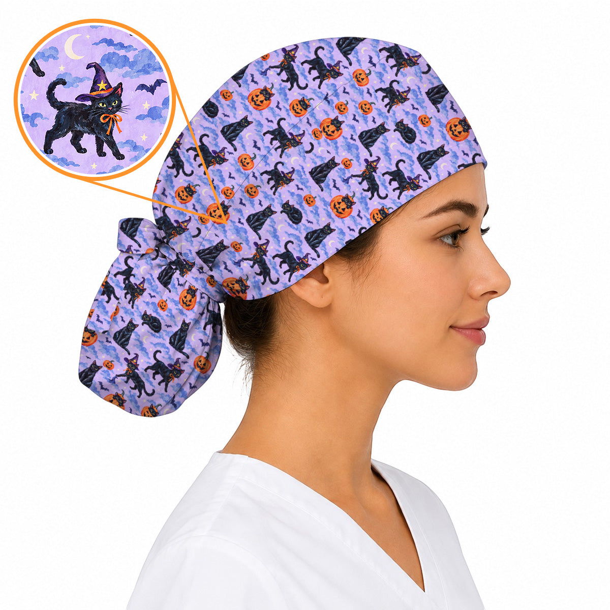 Black Cat Halloween Scrub Caps, Witchy Pumpkin Nurse Headwear, Spooky Season Healthcare Cap