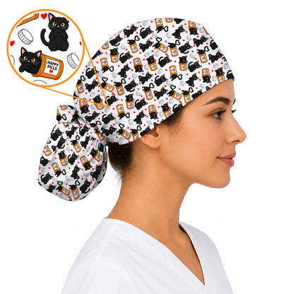 Black Cat Happy Pills Nurse Scrub Caps, Funny Pharmacy Cat Scrubs for Nurses, Cute Medical Nursing Cap Gift