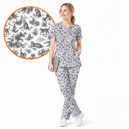 Toile de Jouy Cat Scrub Top, Crazy Cats Pattern Nursing Uniform for Cat Lovers, Vintage Feline Medical Scrubs