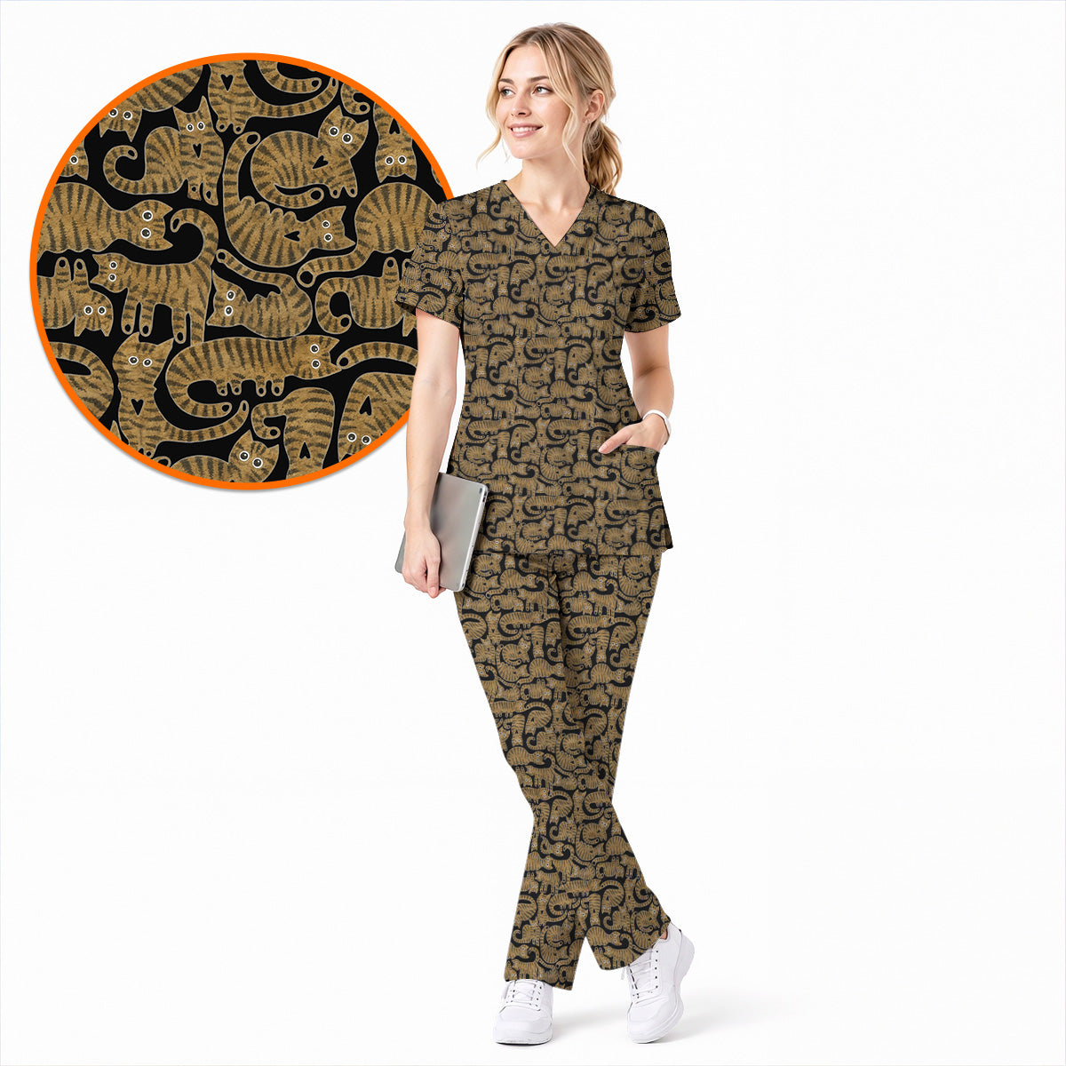 Cute Tabby Cat Pattern Scrub Top, Brown Tabby Cat Nursing Uniform for Cat Lovers, Comfortable Feline Scrubs for Nurses