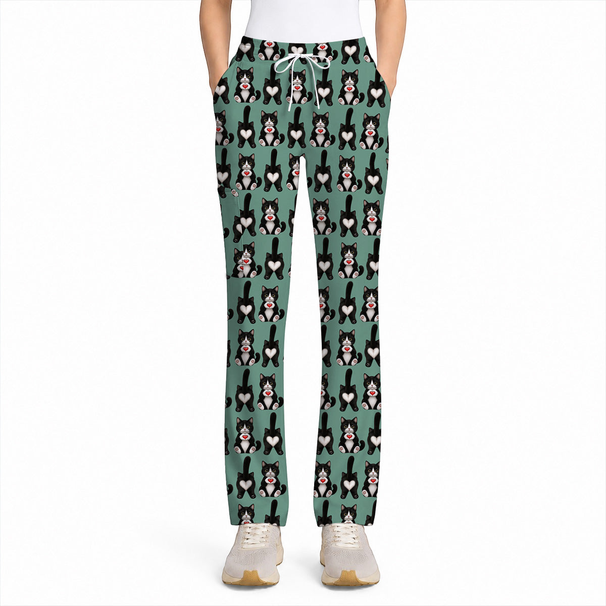 Funny Tuxedo Cat Pattern Scrub Top, Cute Cat Nurse Scrubs, Breathable Fabrics Nursing Uniform