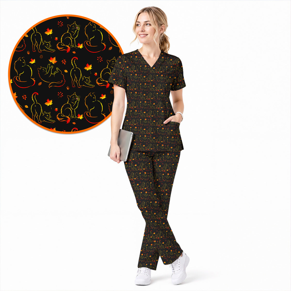 Autumn Black Cat Scrub Top, Fall Cat Nursing Uniform for Cat Lovers, Comfortable Feline Medical Scrubs For Nurse