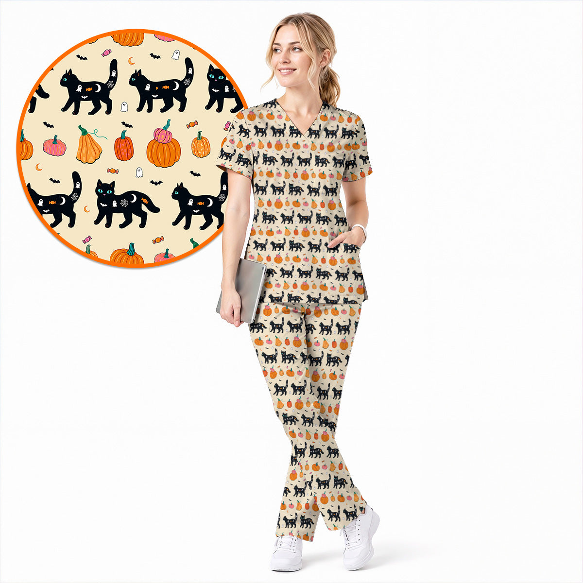 Halloween Black Cat Scrub Top, Pumpkin Cat Print Scrubs, Spooky Nurse Uniform