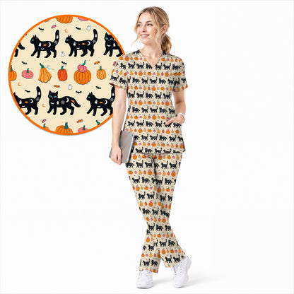 Halloween Black Cat Scrub Top, Pumpkin Cat Print Scrubs, Spooky Nurse Uniform